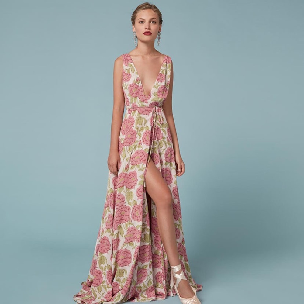 Reformation Anne Plunge Wrap Rose Floral Cream Pink Green Floral Maxi Dress Gown